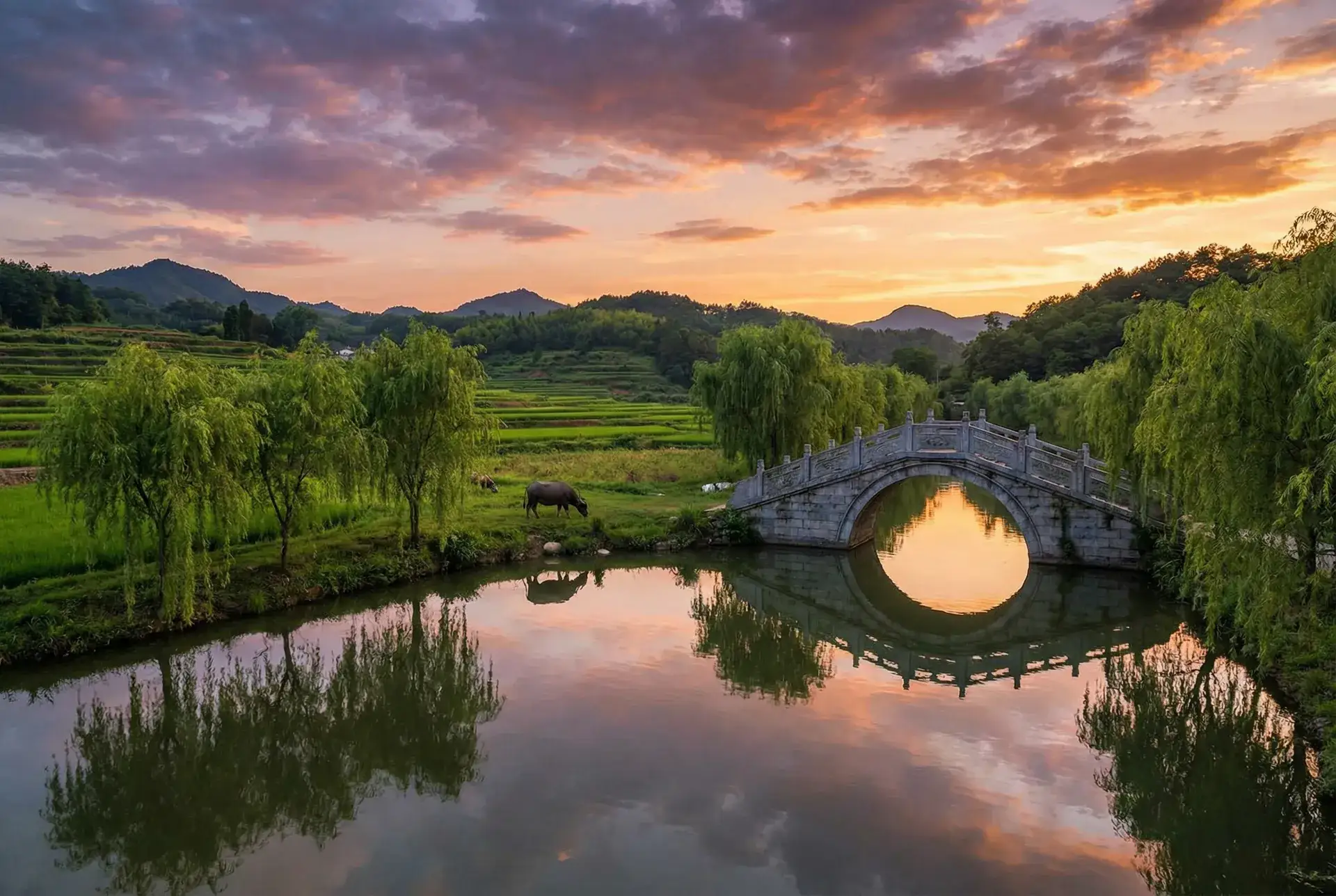 夕阳下的石拱桥与垂柳，水牛在河边吃草 - 老师家里没人你用点力好好快 乡村美景